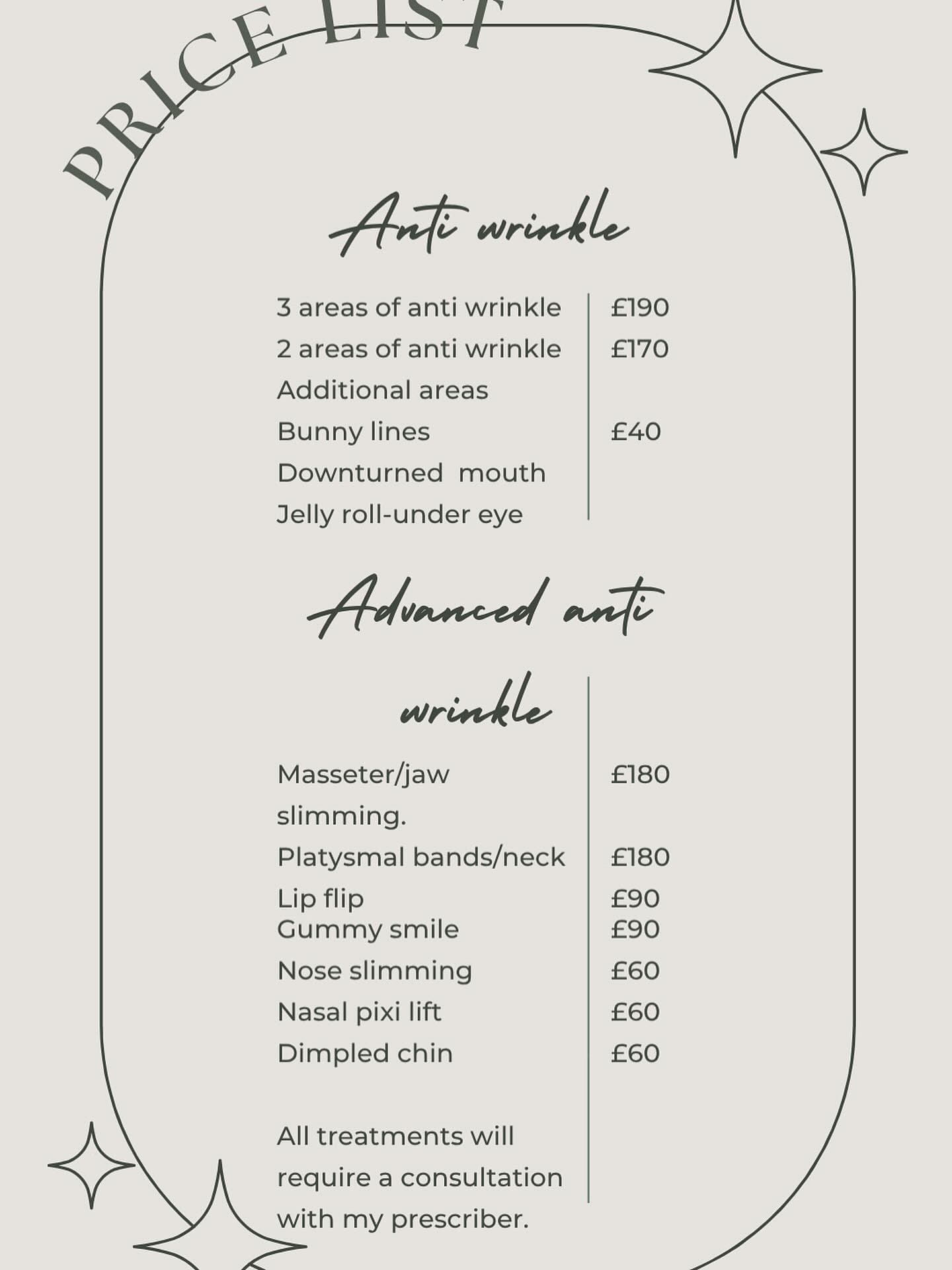 N.J.A Aesthetics price list — anti-wrinkle detail