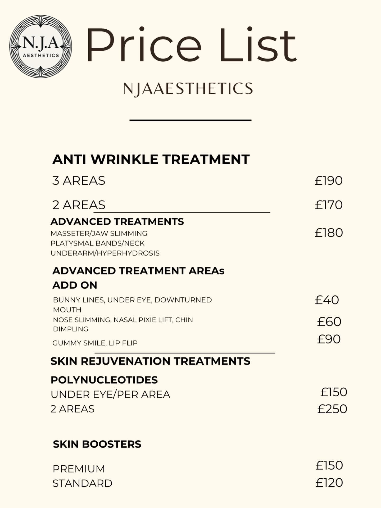N.J.A Aesthetics price list — full menu